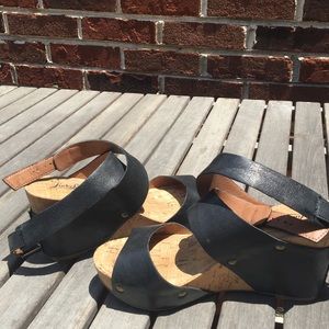 Lucky Brand black, cork heel wedges.